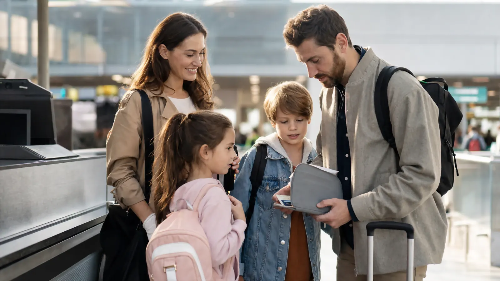 Family of four at an airport check-in counter, parent holding a gray document organizer with passports visible