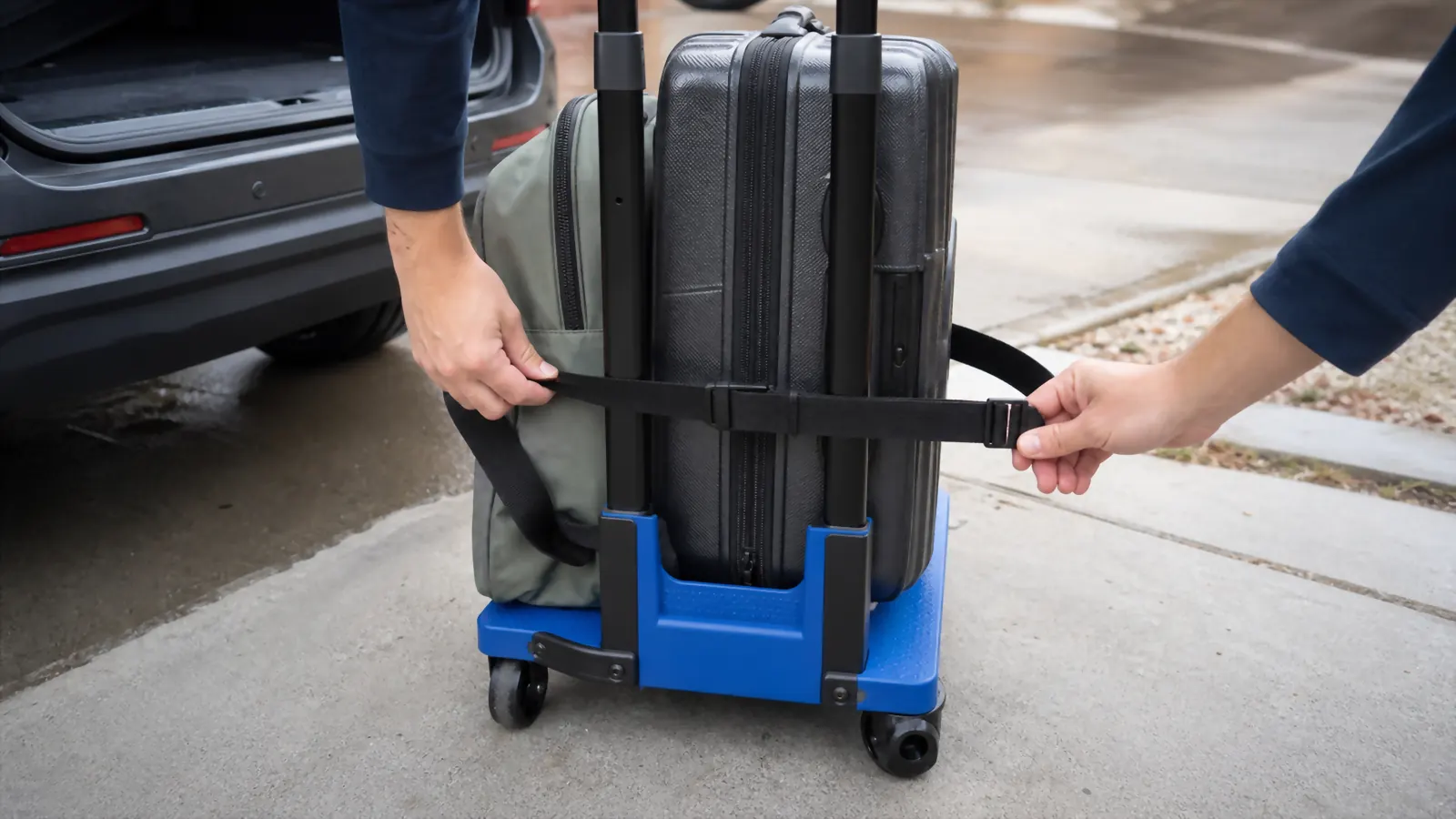 Hands strapping two bags onto a folded-out luggage cart before rolling it toward a car