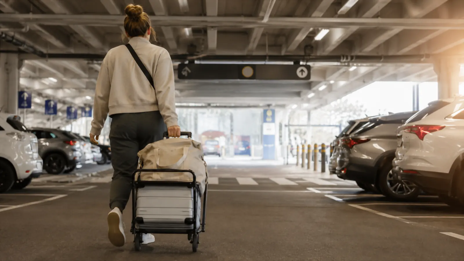 Traveler pulling a folding luggage cart loaded with bags across an airport parking lot