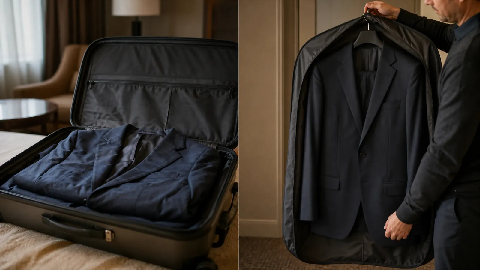 Two ways of packing a suit side by side, one folded flat in a suitcase and one hanging in a garment bag