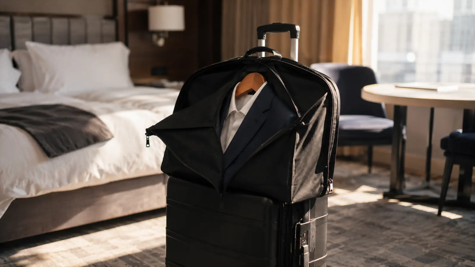 A folded suit garment bag laid over a rolling suitcase in a hotel room, ready to travel