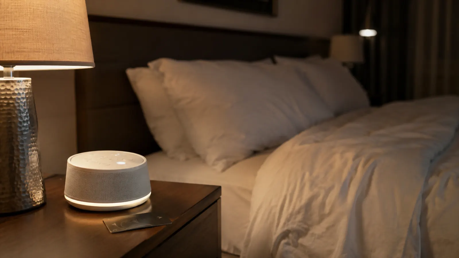 Small white sound machine glowing softly on a hotel nightstand at night