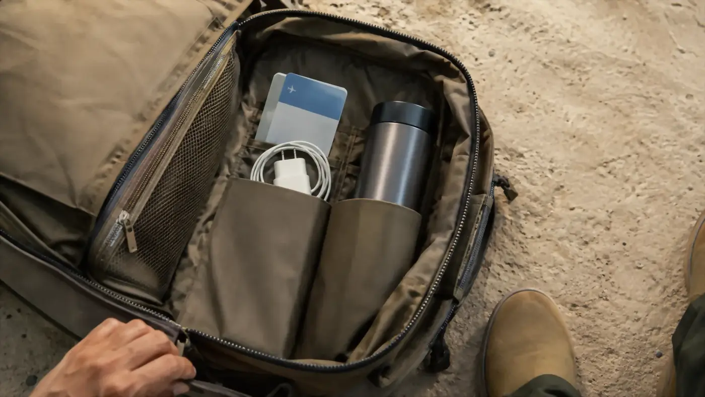 Insulated travel tumbler tucked into the side pocket of a travel bag next to a phone charger and boarding pass