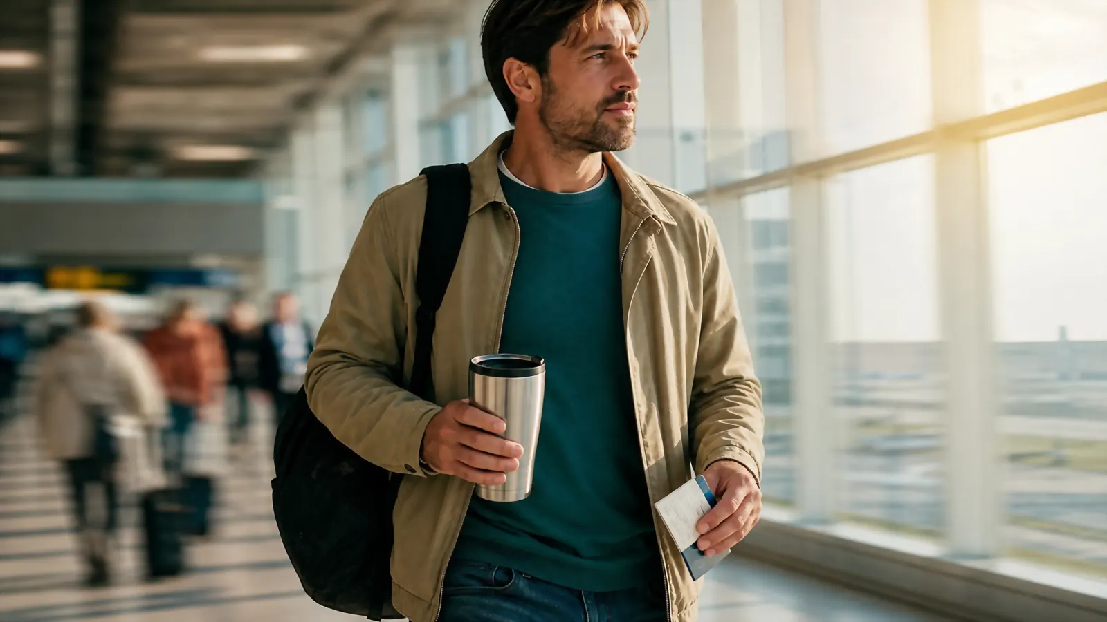 Traveler carrying an insulated travel tumbler through an airport terminal