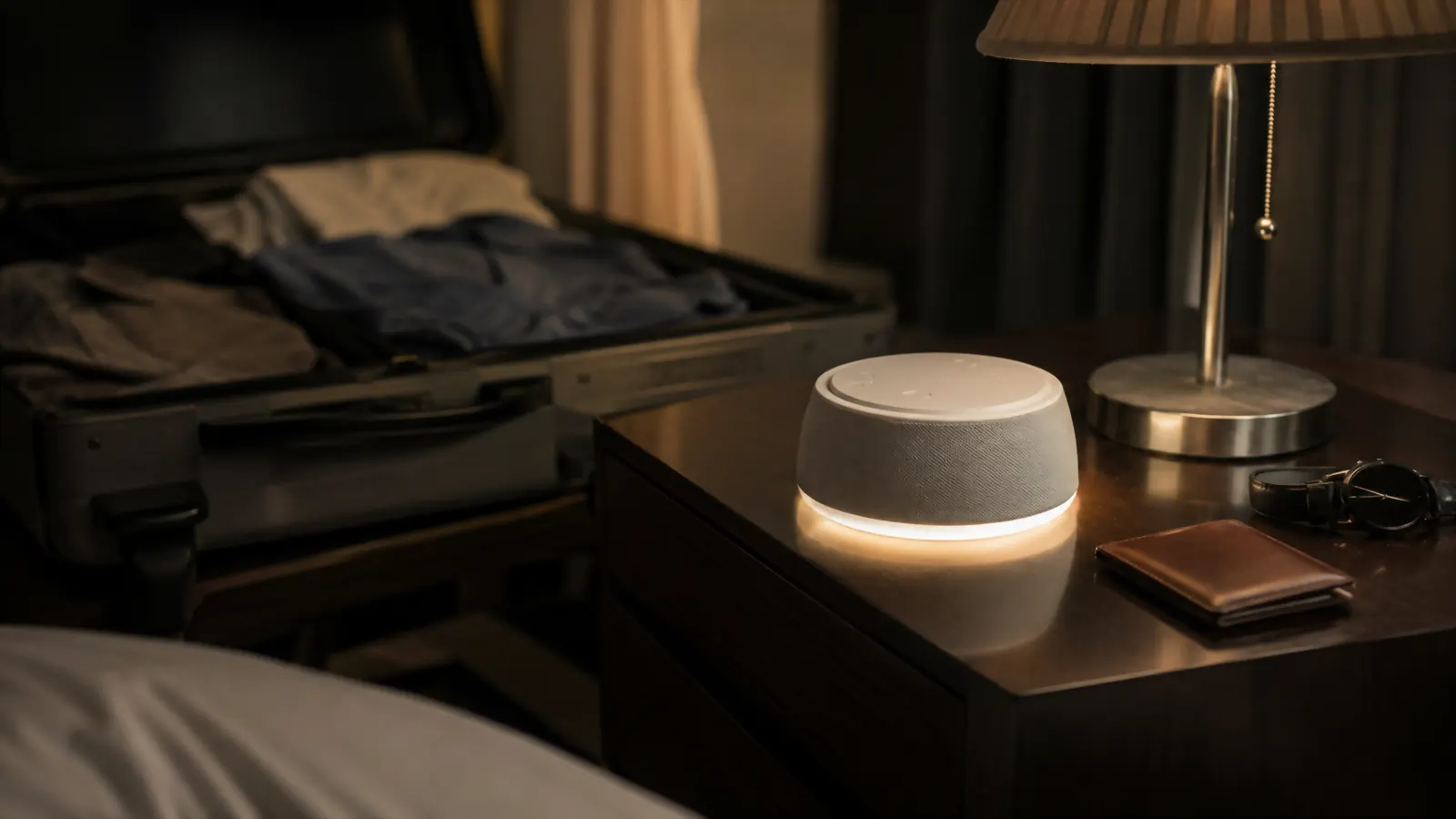 Dreamegg white noise machine glowing softly on a hotel nightstand at night