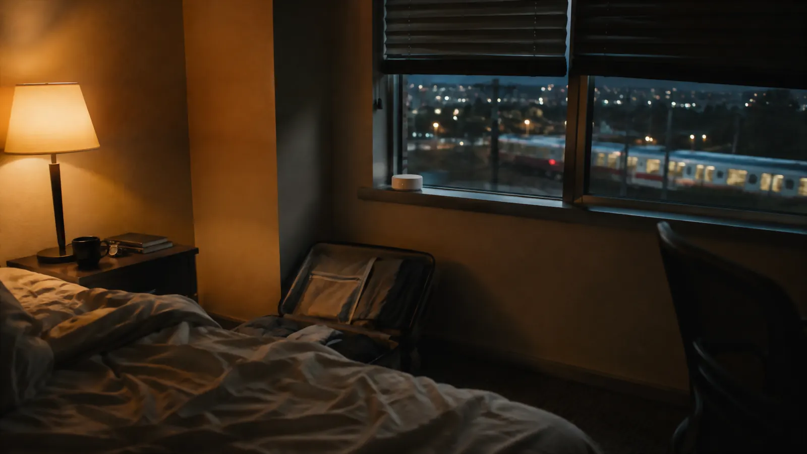 Extended-stay apartment window at night with a freight train passing in the distance and a small sound machine glowing on the sill