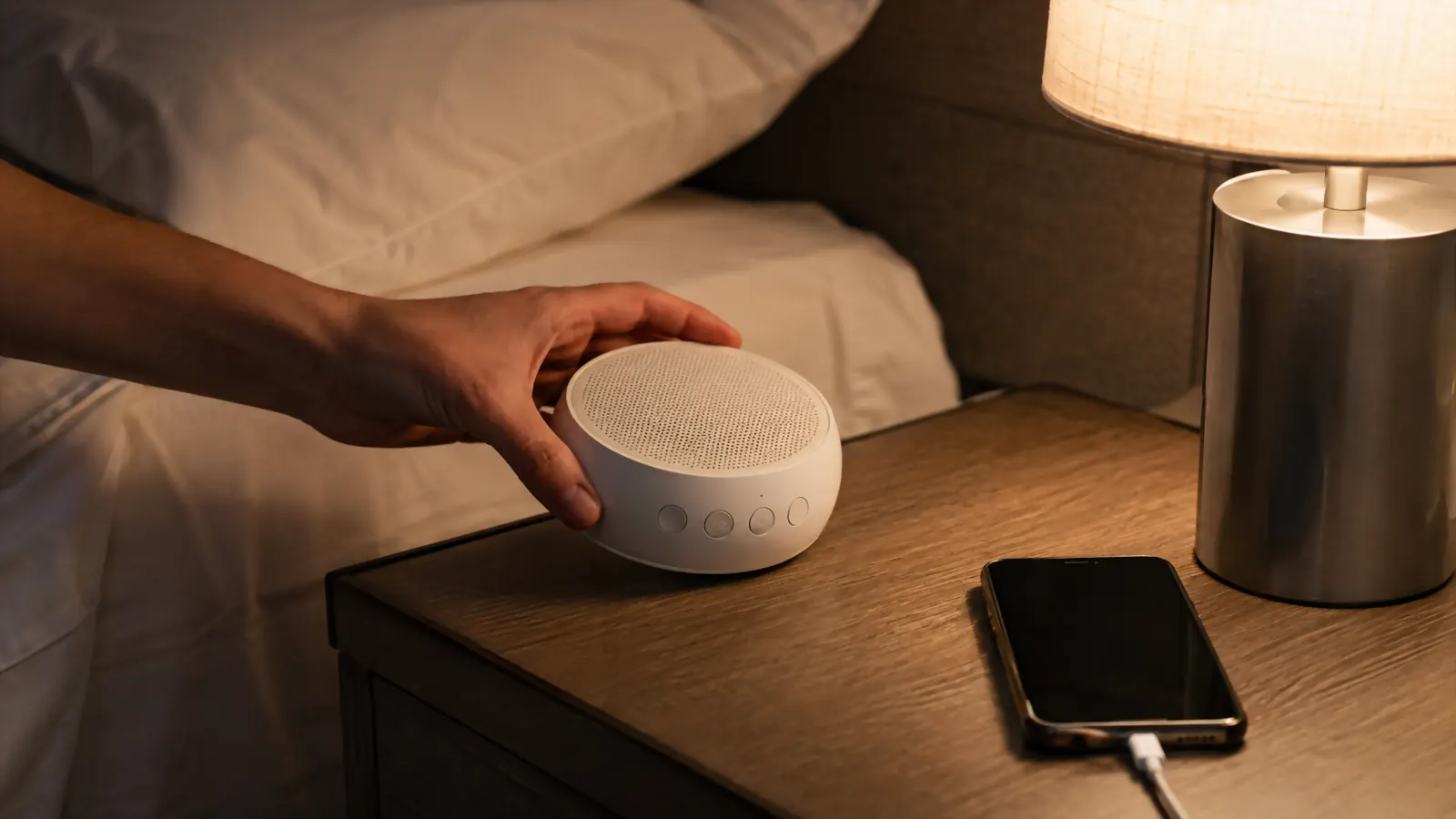 A hand placing the Dreamegg portable white noise machine on a hotel nightstand beside a lamp and a phone charging
