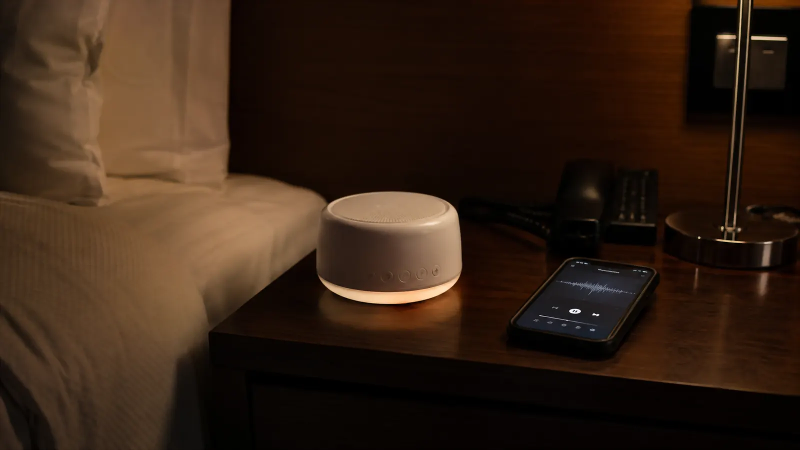 A small white portable noise machine glowing softly on a hotel nightstand next to a phone with a white noise app open, dark room, warm lamp light