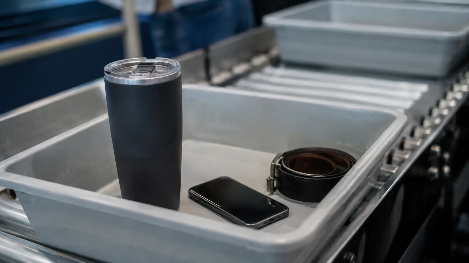 An empty insulated tumbler sitting in a security screening tray next to a phone and a belt