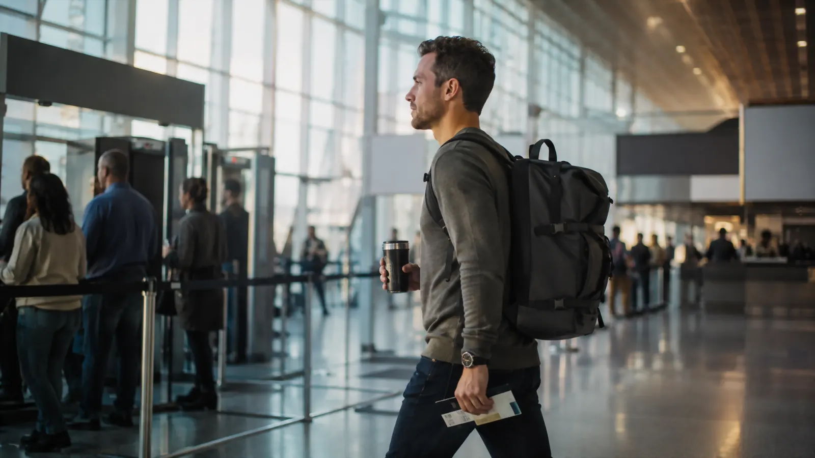 A traveler holding an insulated tumbler while walking toward an airport security checkpoint in early morning light