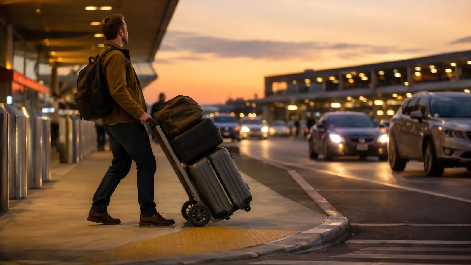 Traveler pushing a heavily loaded folding luggage cart across an airport pickup curb at dusk