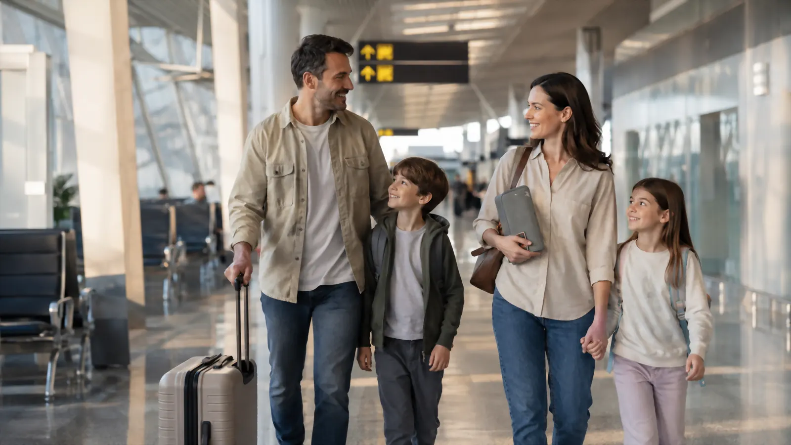 A family of four walking through an airport terminal, one parent holding a gray document organizer with passports visible