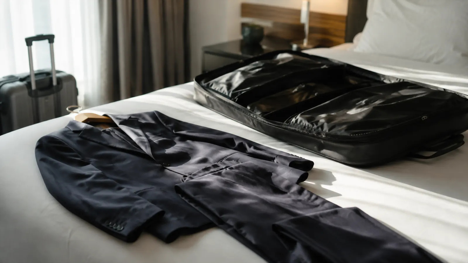 Suit trousers and jacket laid out flat on a bed next to an open folded garment bag, ready to be packed