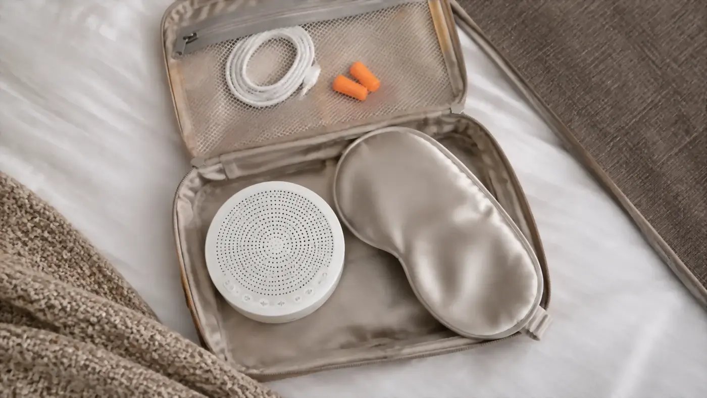 A packed travel pouch on a hotel bed holding a small white sound machine, its charging cable, earplugs, and a sleep mask