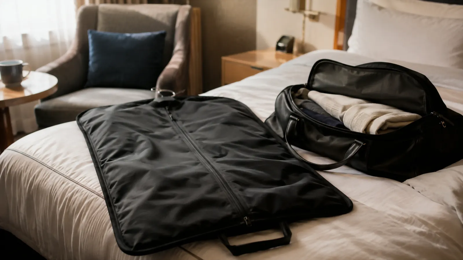 Folded Lazebox travel garment bag resting on a hotel bed next to an open duffel bag, morning light through the window