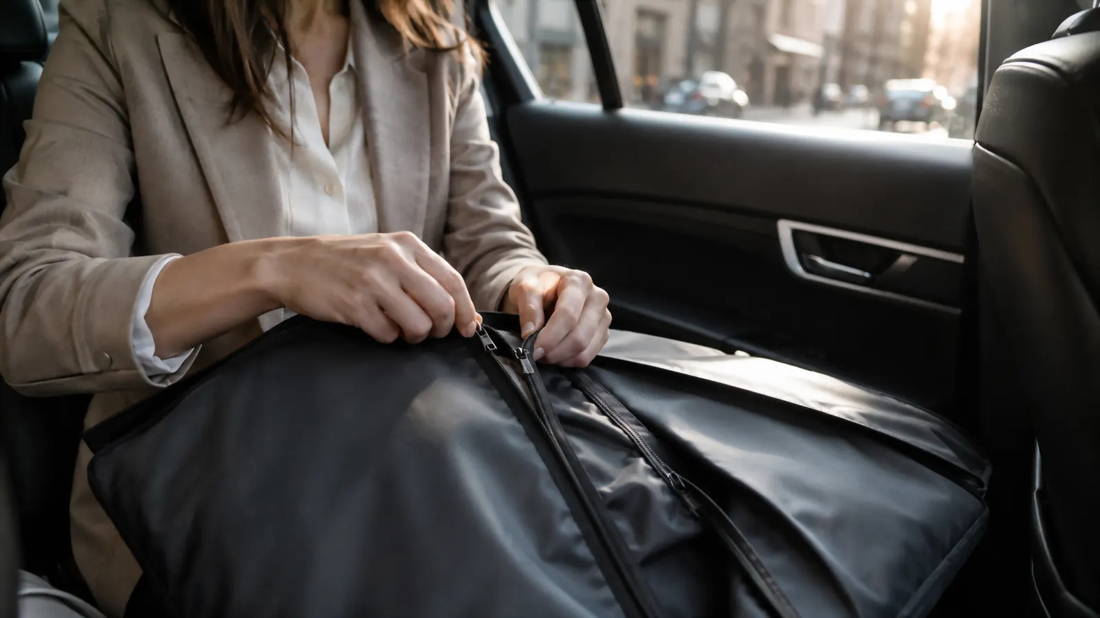 Traveler unzipping a folded garment bag across their knees in the back seat of a rideshare, city street visible through the window