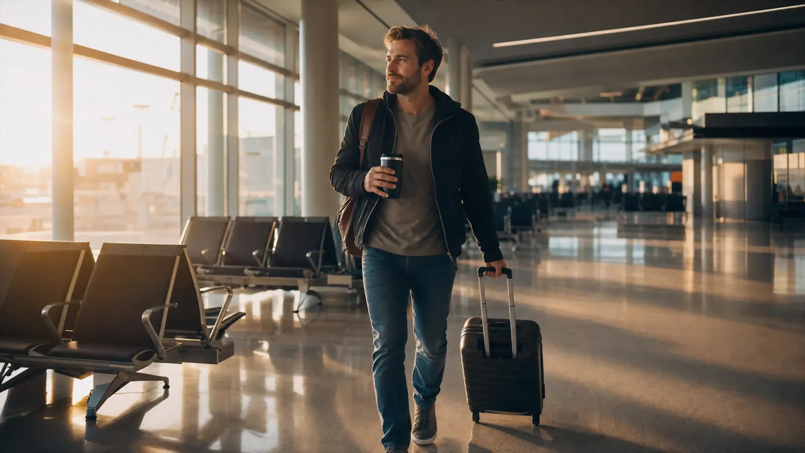 A traveler walking through an airport terminal at sunrise carrying an insulated tumbler and a rolling carry-on