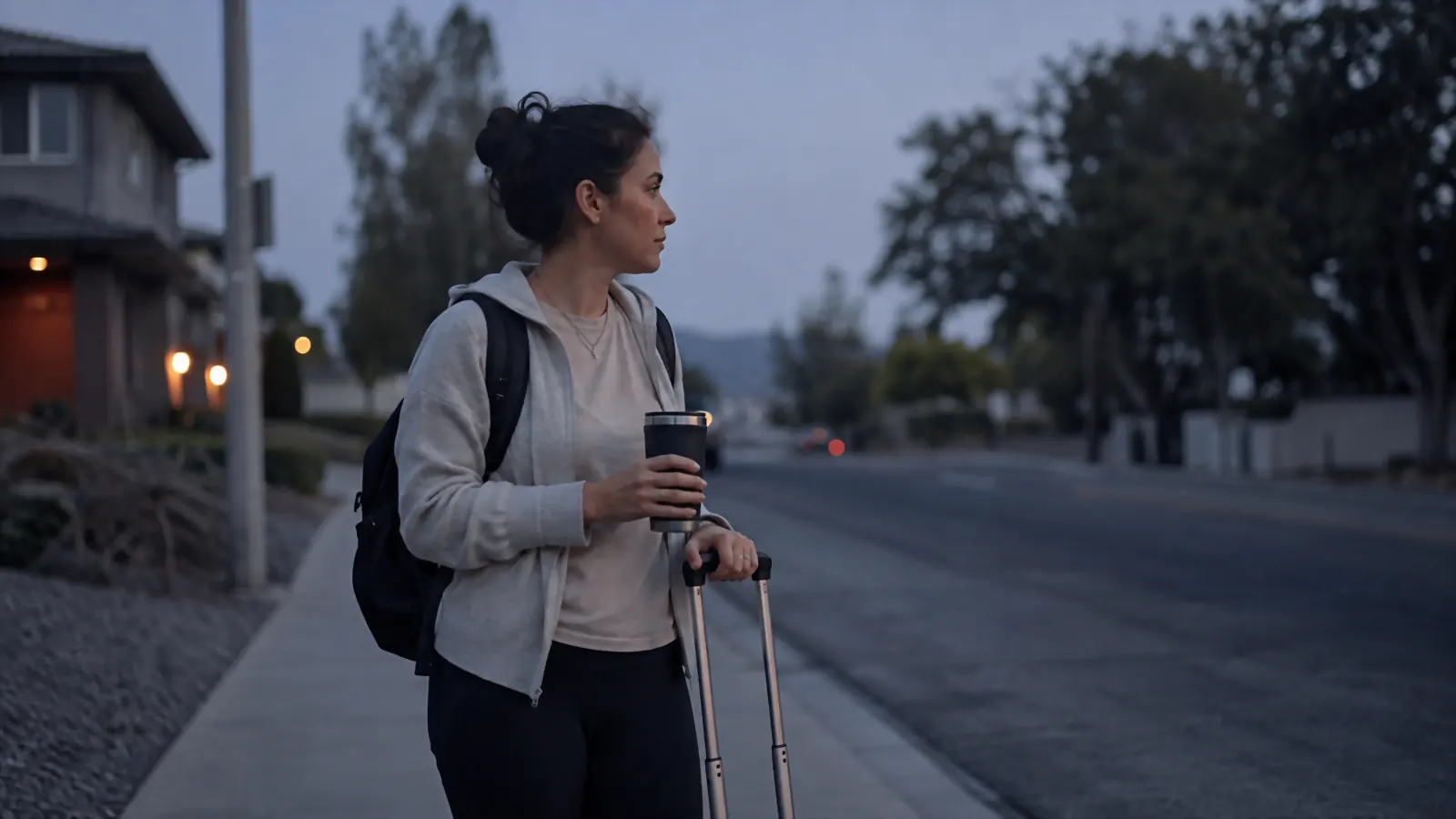 A traveler standing at a curb waiting for a rideshare in early morning light, one hand holding an insulated tumbler and the other on a rolling bag handle
