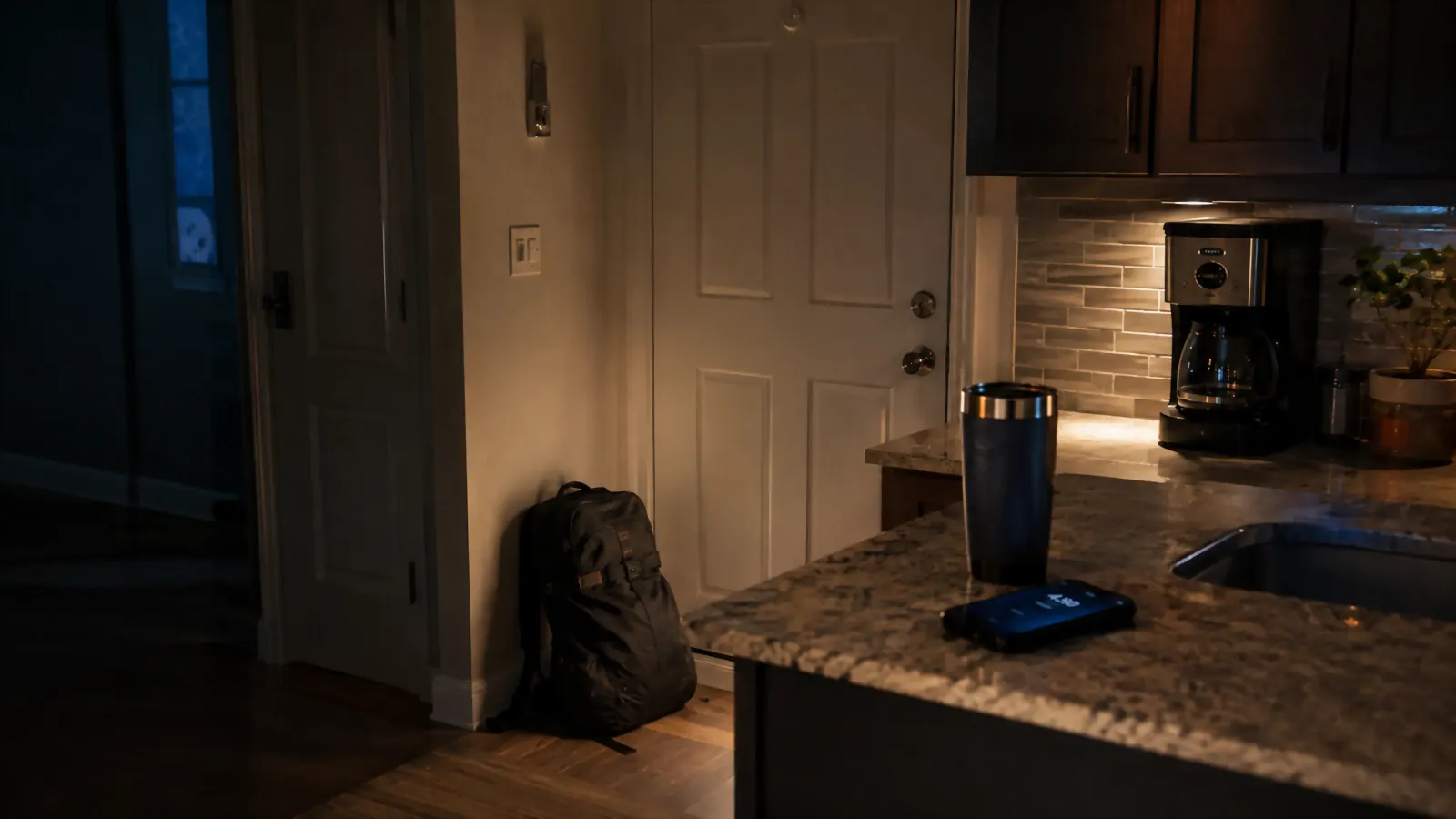 A dim kitchen before sunrise with a packed bag by the door and an insulated tumbler sitting on the counter next to a phone showing an early alarm time