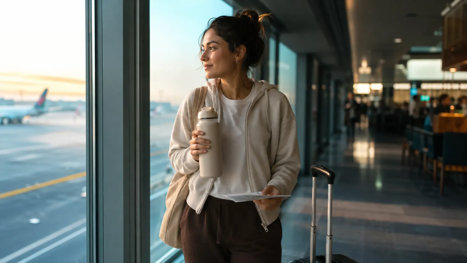 Traveler at an airport gate holding the Owala SmoothSip tumbler with a boarding pass in the other hand