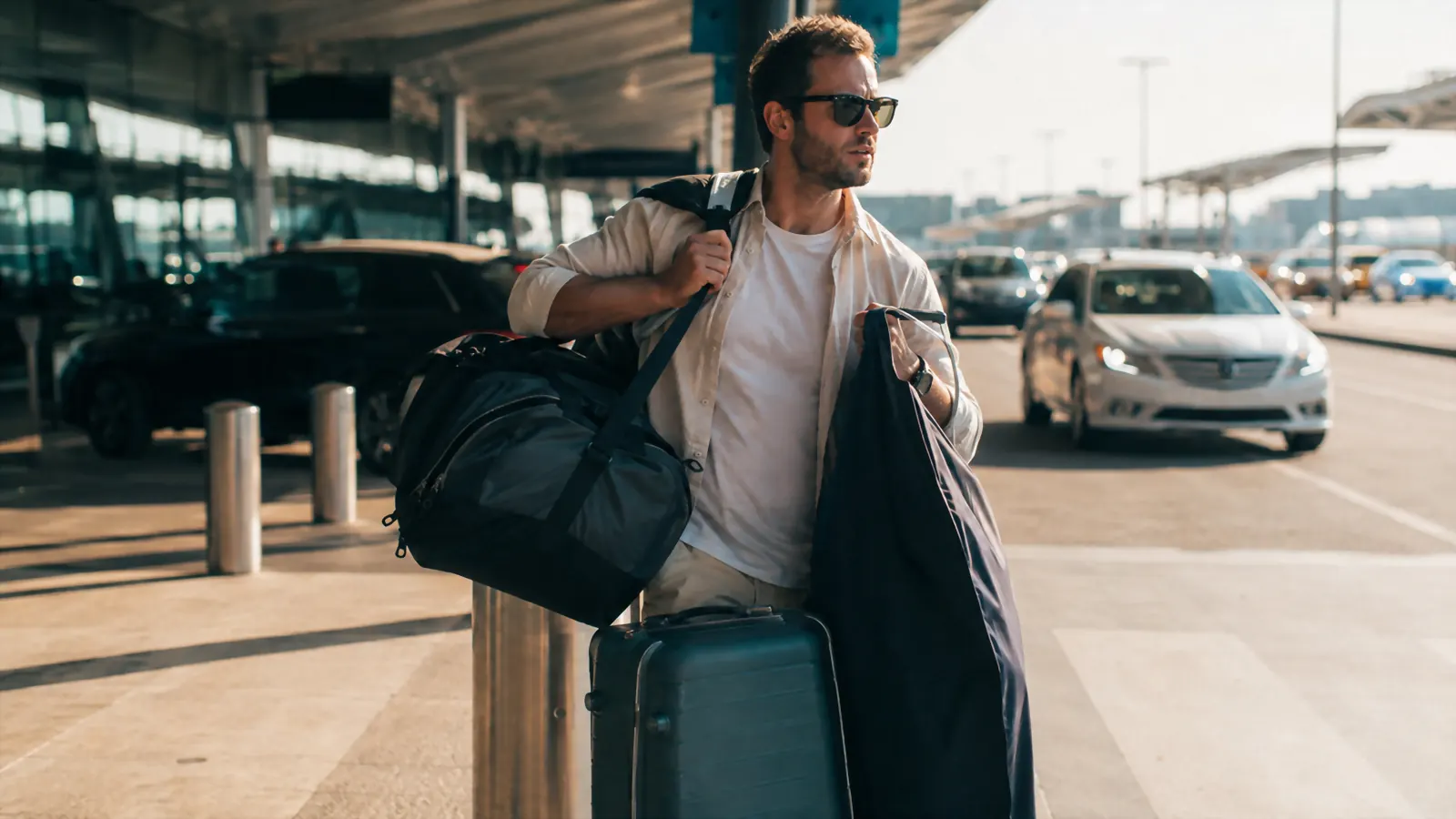 A traveler standing at an airport curb in the heat, juggling a rolling suitcase, a duffel bag, and a garment bag