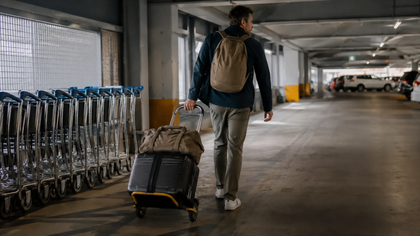 A traveler rolling a loaded folding luggage cart through an airport parking garage past an empty trolley bay