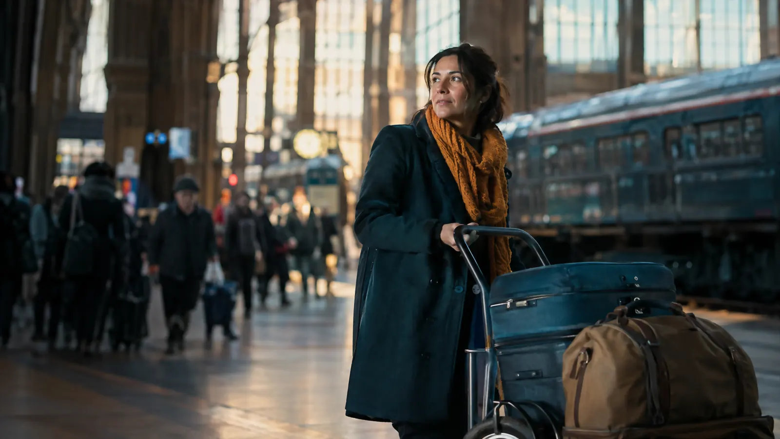 A traveler pausing on a train station platform beside a loaded folding luggage cart