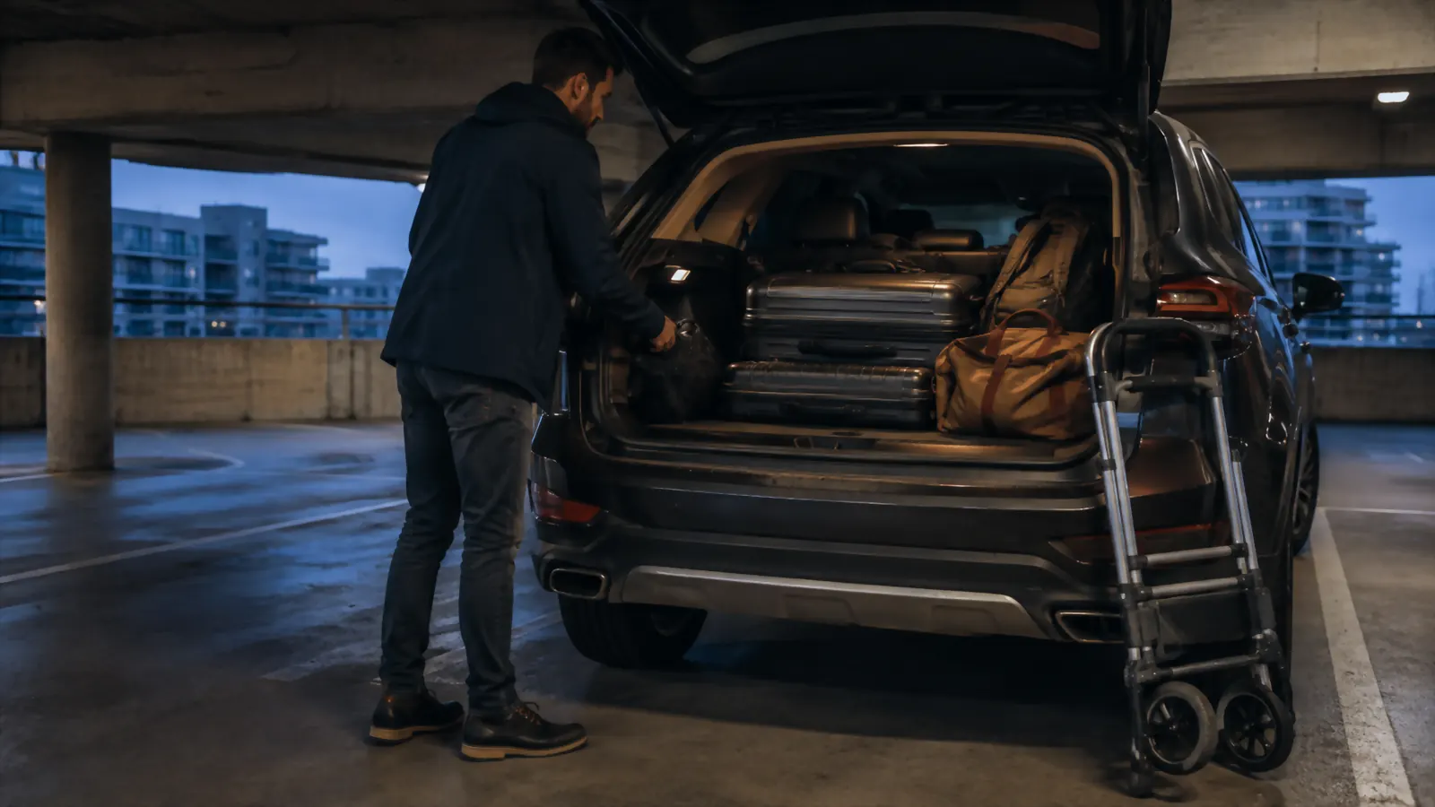 A folded luggage cart leaning against a car trunk in an airport parking garage at early morning light