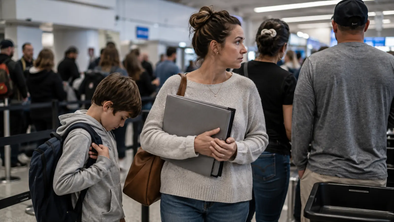 Parent standing at an airport security line holding a gray document organizer while a child waits with a backpack