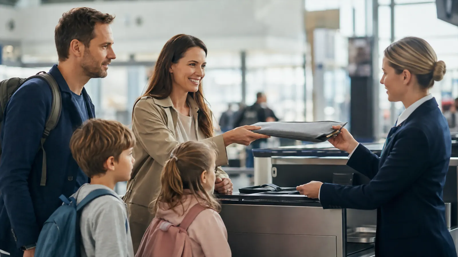 Family of four checking in at an airport counter, parent holding a gray document organizer with passports visible
