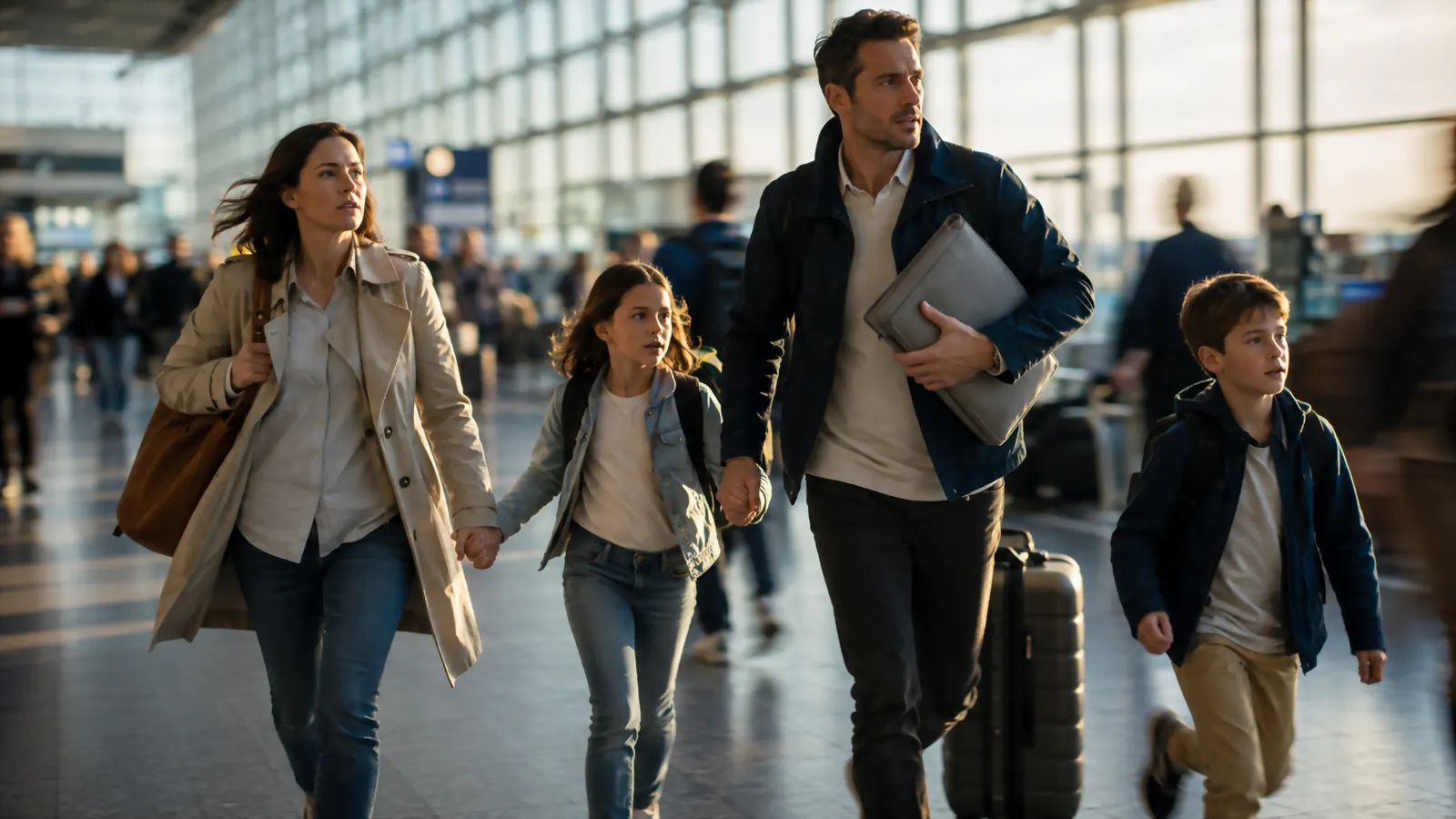 A family jogging through a busy airport terminal toward a departure gate, one parent holding a gray document organizer