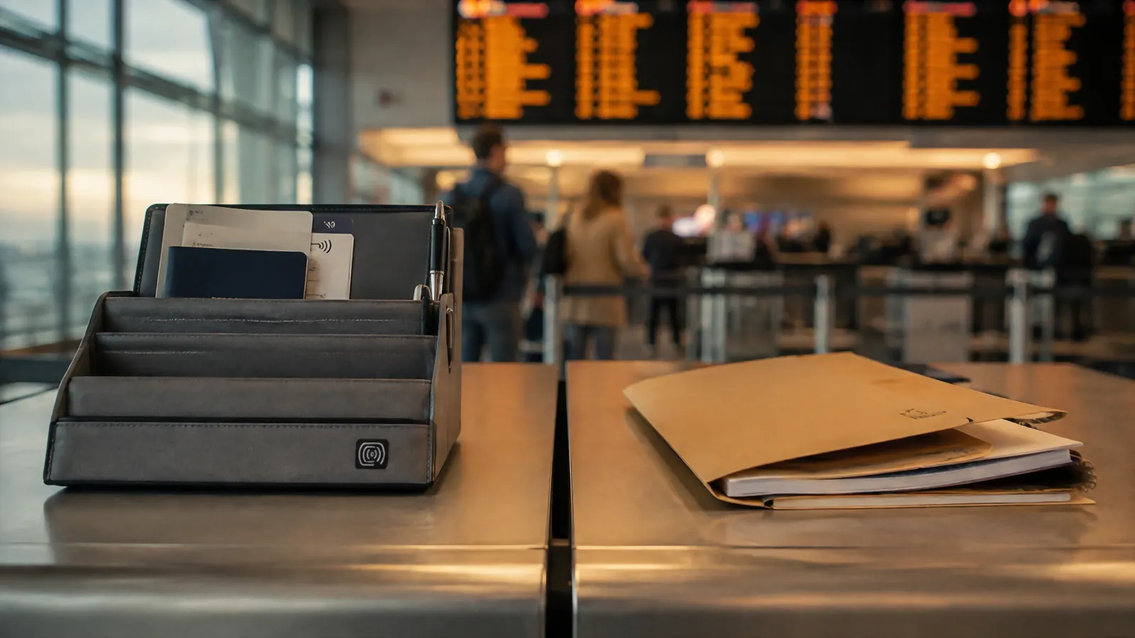 A gray Valante family travel document organizer sitting open on an airport gate counter next to a stack of loose papers in a plain folder